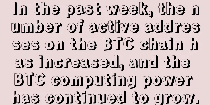 In the past week, the number of active addresses on the BTC chain has increased, and the BTC computing power has continued to grow.
