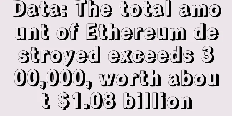 Data: The total amount of Ethereum destroyed exceeds 300,000, worth about $1.08 billion