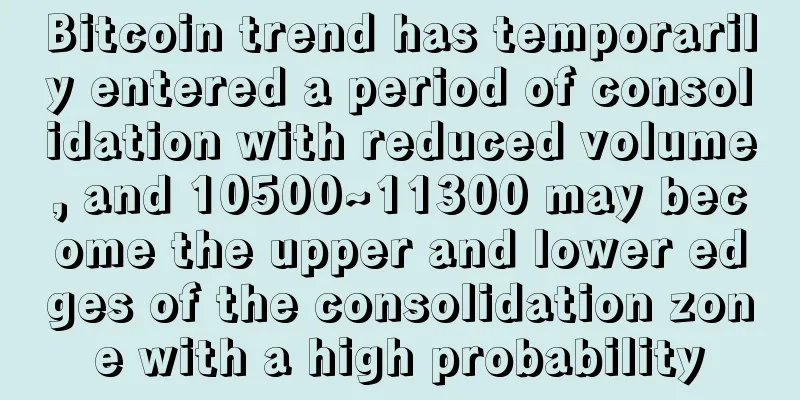 Bitcoin trend has temporarily entered a period of consolidation with reduced volume, and 10500~11300 may become the upper and lower edges of the consolidation zone with a high probability