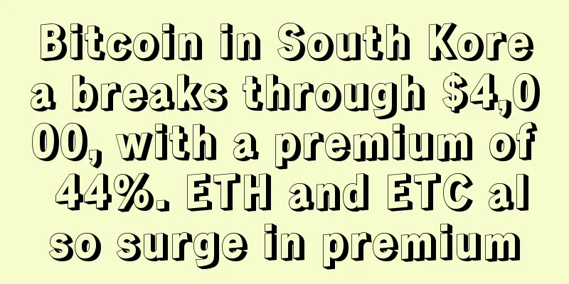 Bitcoin in South Korea breaks through $4,000, with a premium of 44%. ETH and ETC also surge in premium
